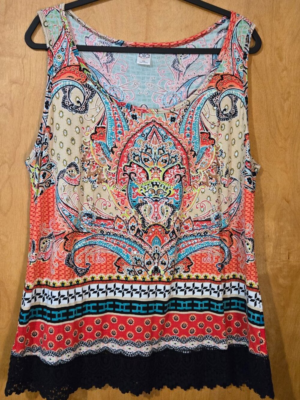 Bila Sleeveless Women’s Top Boho Multicolor XL crochet hem sequin/bead details